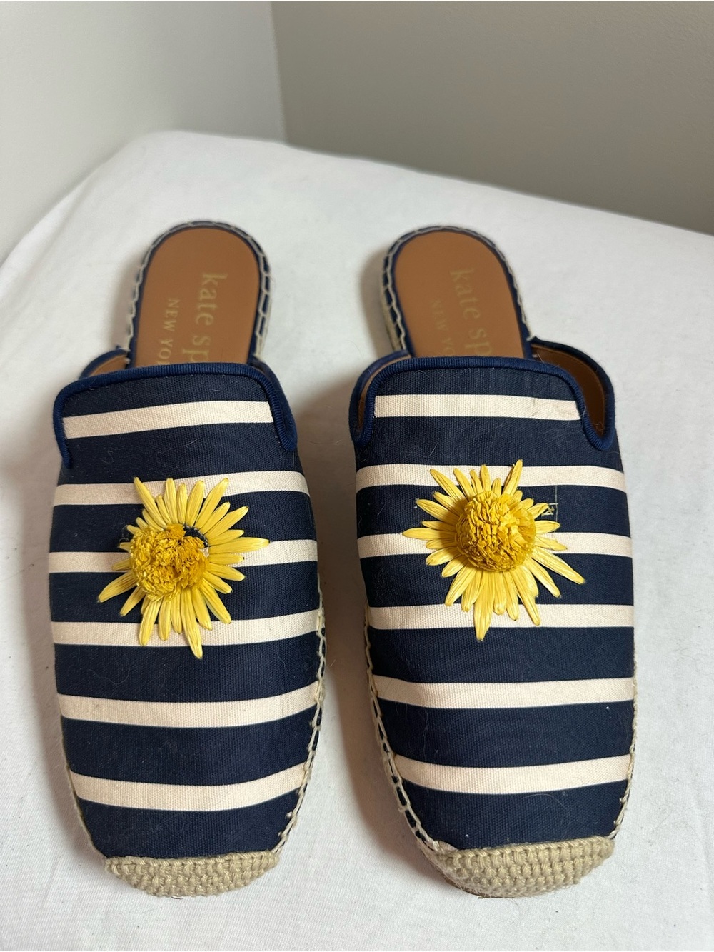 Kate Spade blue and white stripe sunflower slide on shoes
